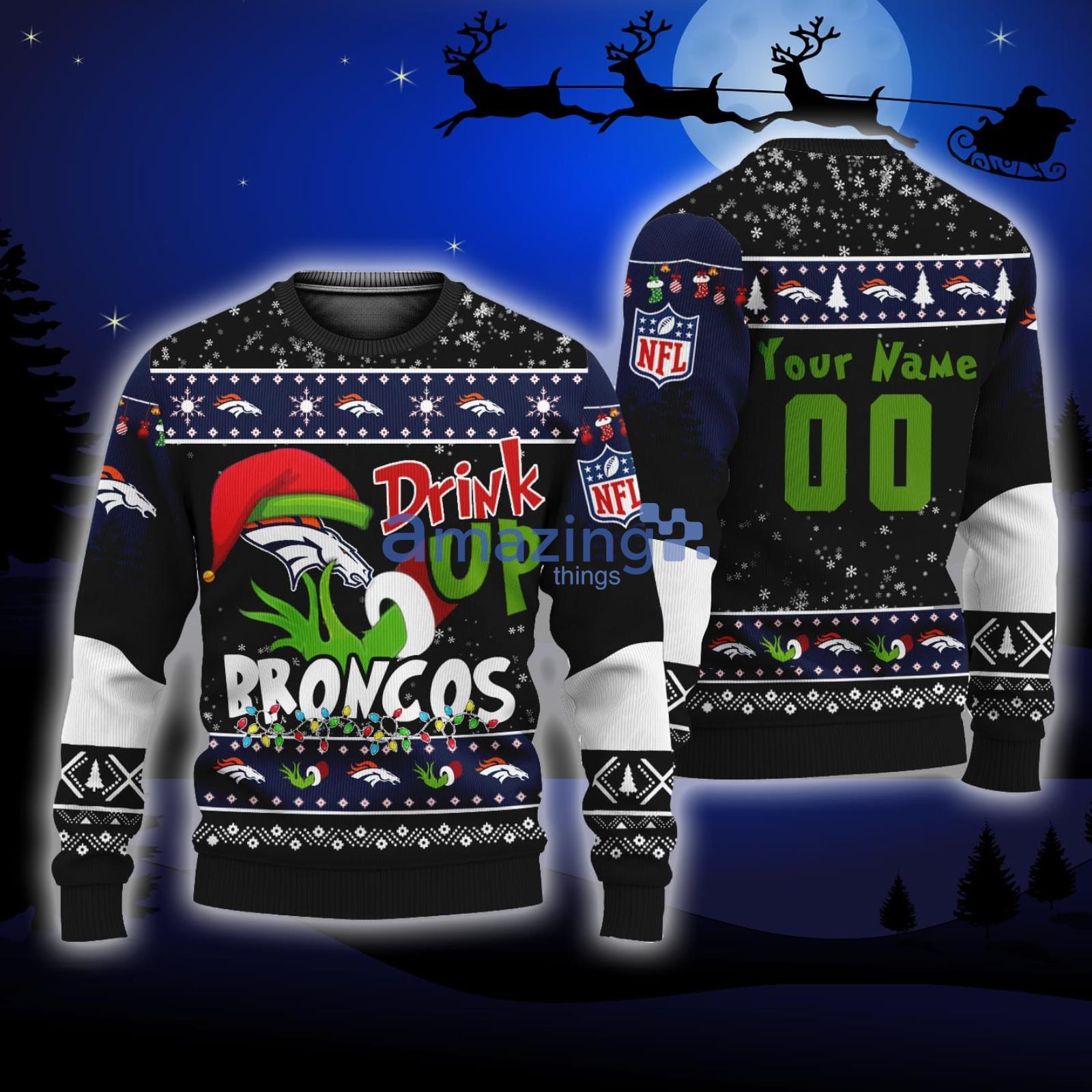 NFL Custom Name And Number Grinch Drink Up Denver Broncos Ugly