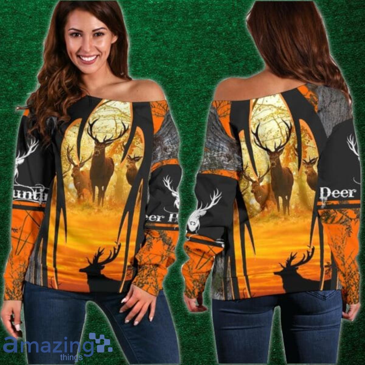 Orange Deer Hunt Shoulder Sweater Impressive Gift Product Photo 1