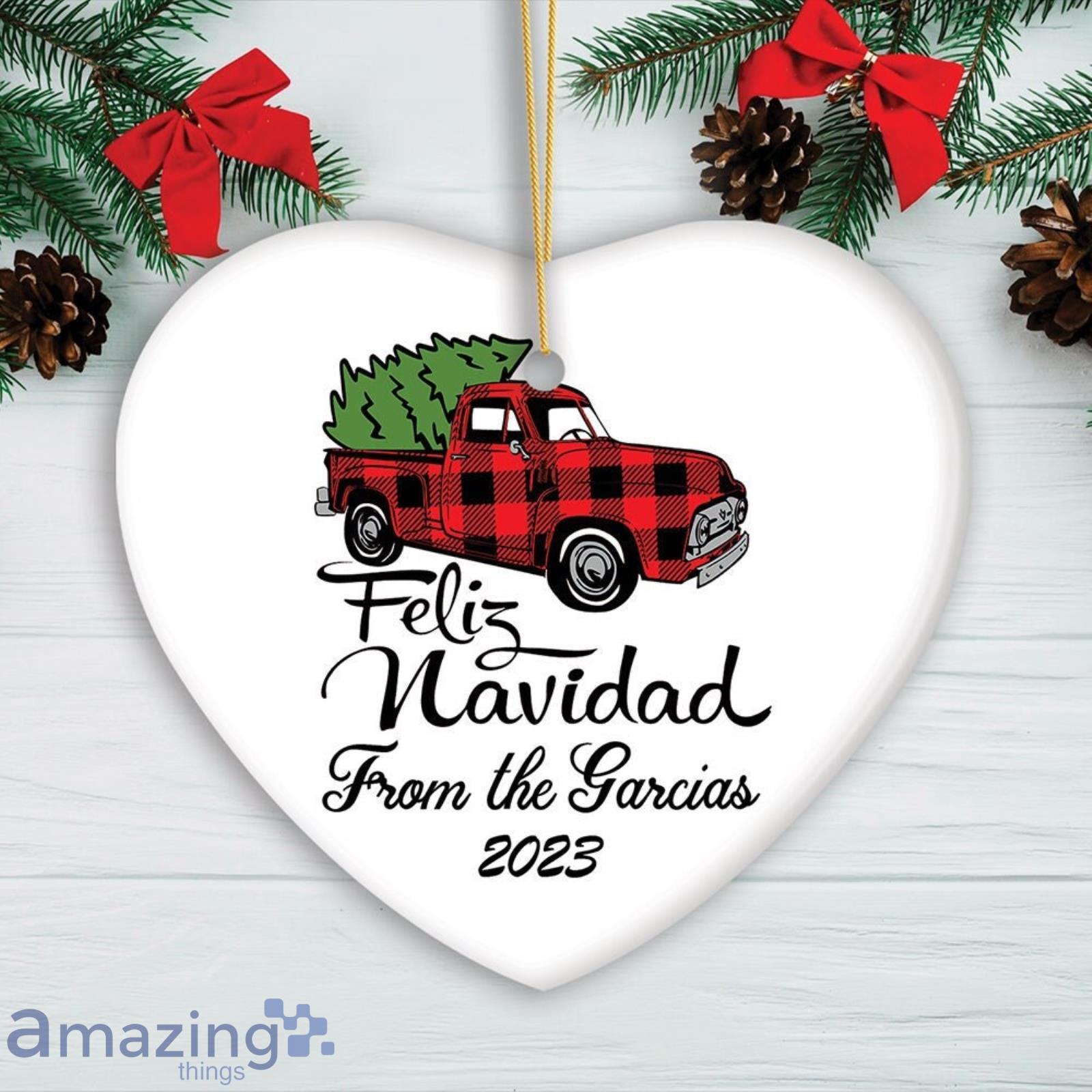 Personalized Feliz Navidad Plaid Red Truck Family Christmas Ornament Product Photo 1