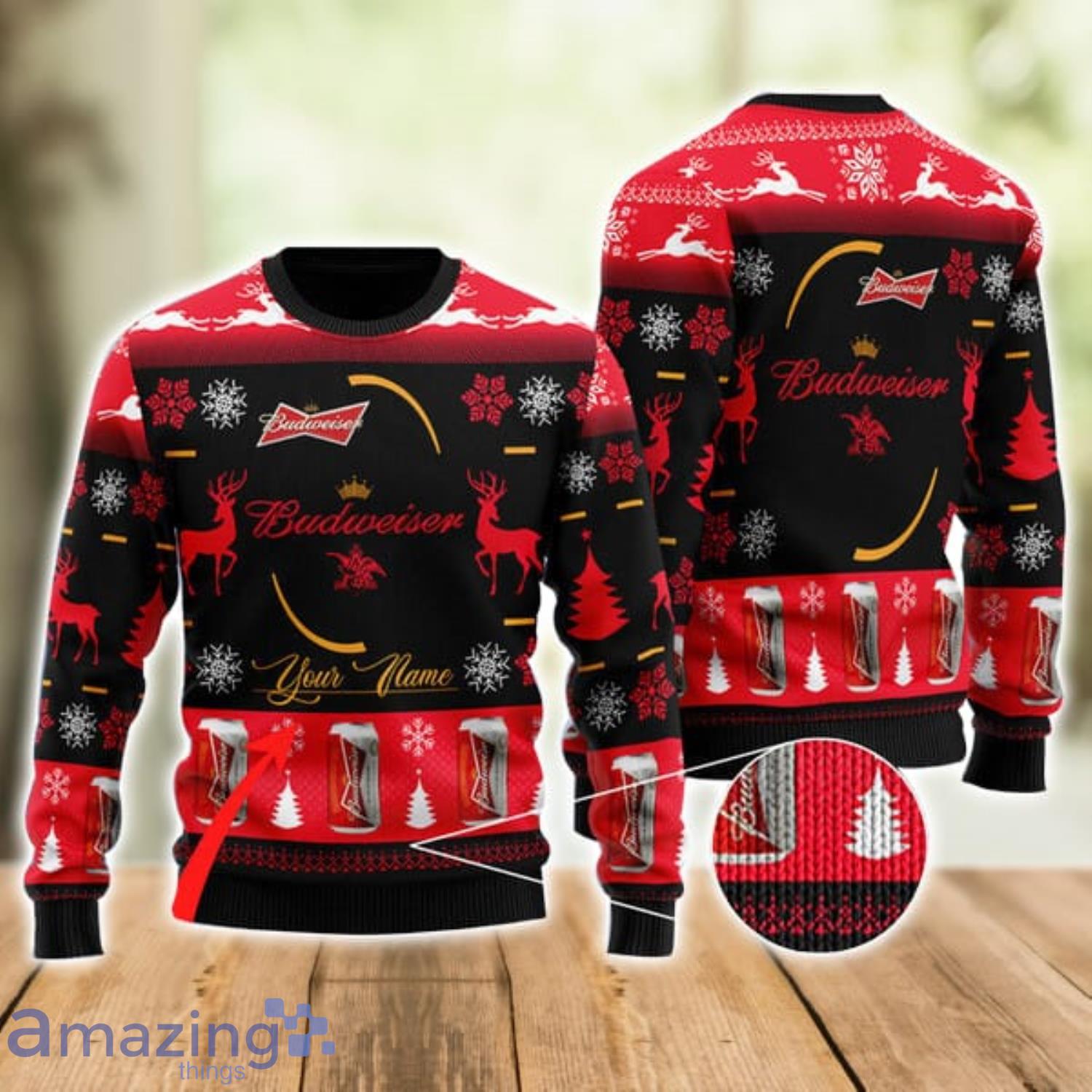Personalized Name Black Budweiser Ugly Christmas Sweater Xmas Gift Men And Women Christmas Sweater Product Photo 1