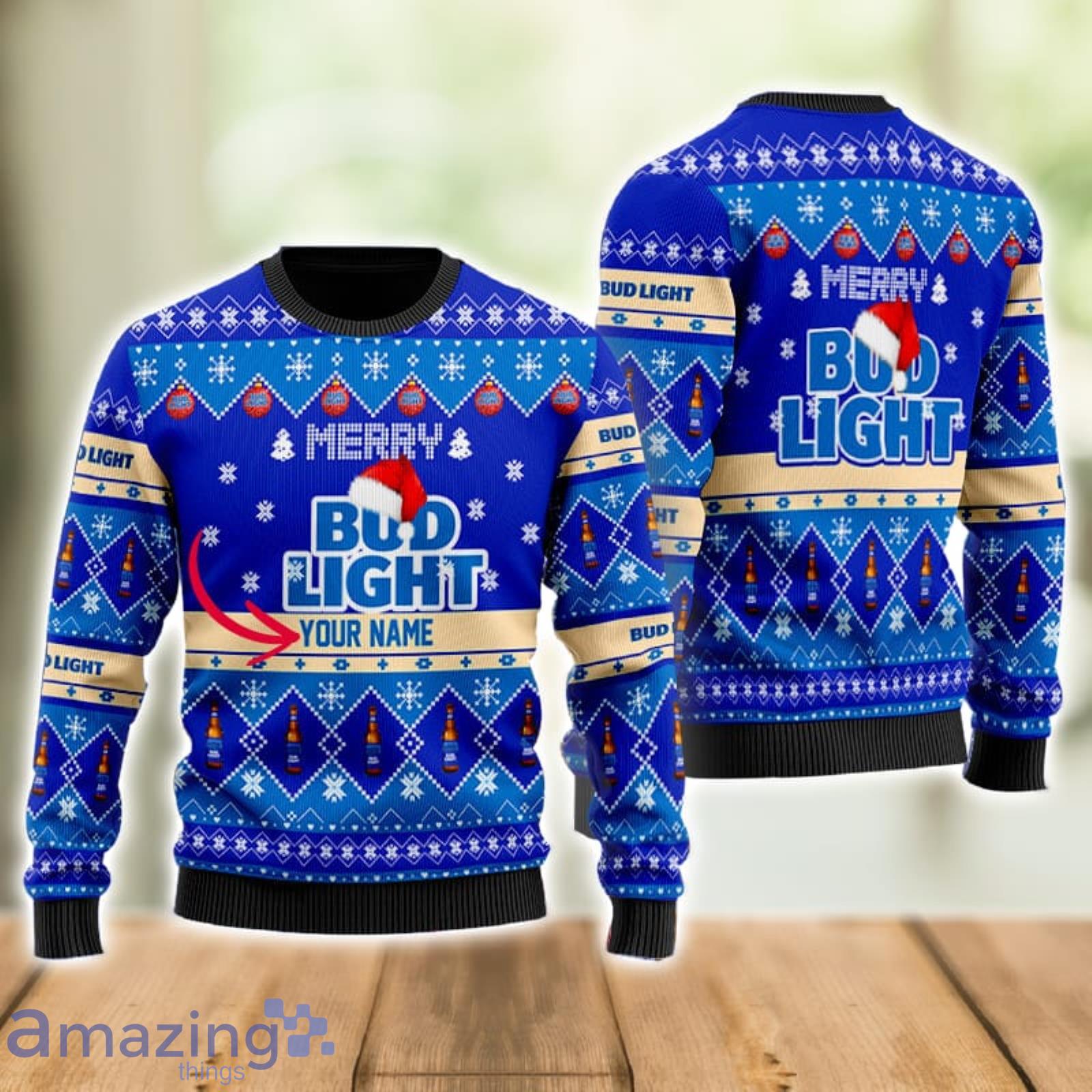 Personalized Name Merry Bud Light Ugly Christmas Sweater Xmas Gift Men And Women Christmas Sweater Product Photo 1