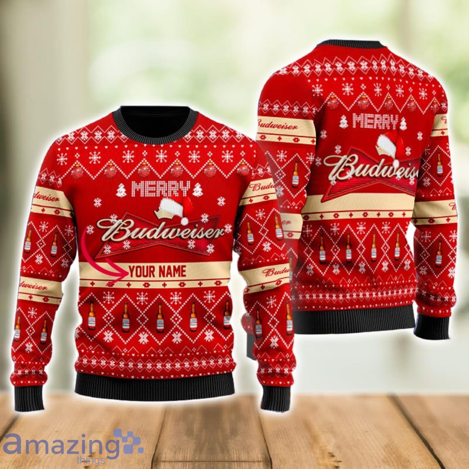 Personalized Name Merry Budweiser Beer Ugly Christmas Sweater Xmas Gift Men And Women Christmas Sweater Product Photo 1