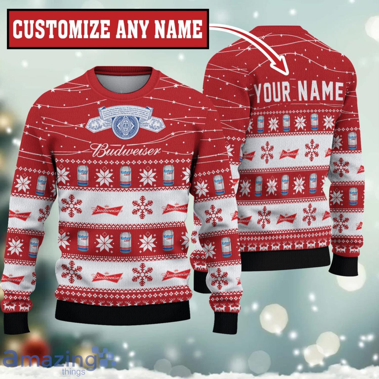 Personalized Name Twinkle Lights Budweiser Ugly Christmas Sweater Christmas Gift For Men And Women Product Photo 1