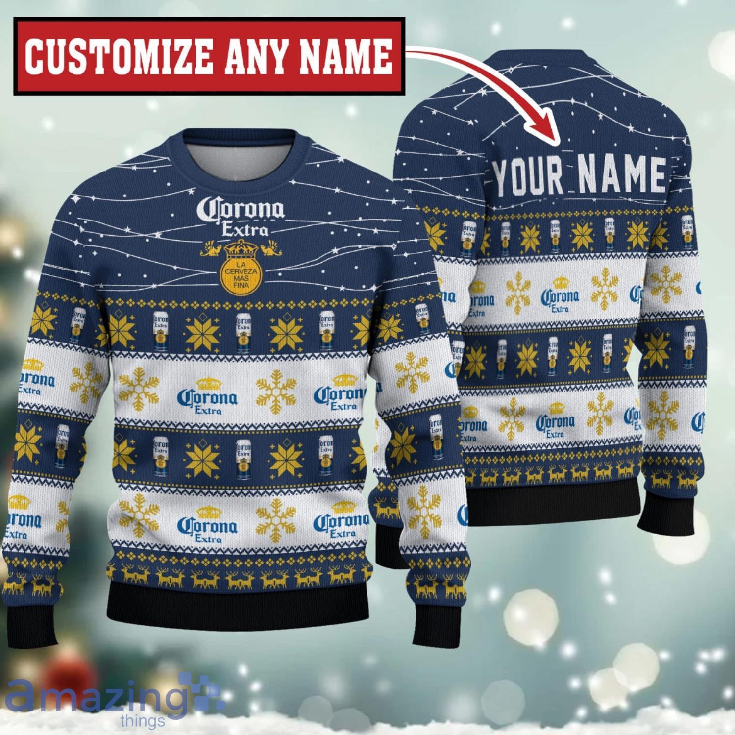 Personalized Name Twinkle Lights Corona Extra Ugly Christmas Sweater Christmas Gift For Men And Women Product Photo 1