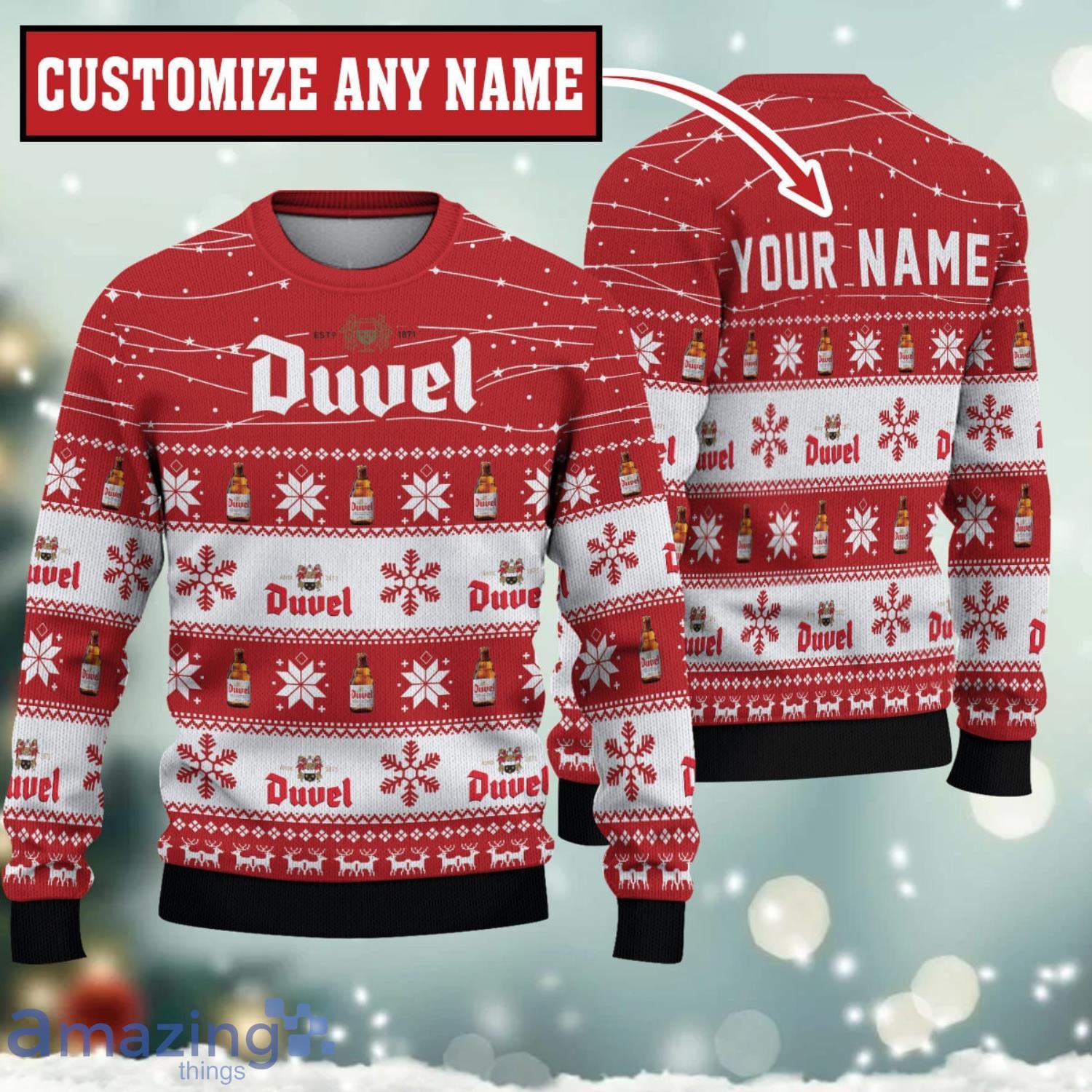 Personalized Name Twinkle Lights Duvel Beer Ugly Christmas Sweater Christmas Gift For Men And Women Product Photo 1