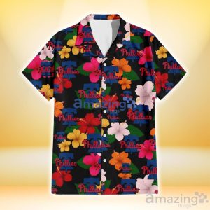 Philadelphia Phillies Pink Orange Yellow White Hibiscus Black Background 3D Hawaiian Shirt Gift For Fans Product Photo 2