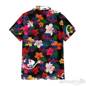 Philadelphia Phillies Pink Orange Yellow White Hibiscus Black Background 3D Hawaiian Shirt Gift For Fans Product Photo 3