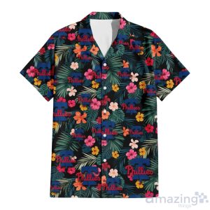 Philadelphia Phillies Pink Yellow Orange Hibiscus Big Tropical Leaf Black Background 3D Hawaiian Shirt Gift For Fans Product Photo 2