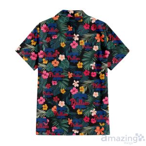 Philadelphia Phillies Pink Yellow Orange Hibiscus Big Tropical Leaf Black Background 3D Hawaiian Shirt Gift For Fans Product Photo 3