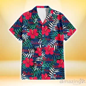 Philadelphia Phillies Red Hibiscus Green Blue White Leaf Black Background 3D Hawaiian Shirt Gift For Fans Product Photo 2