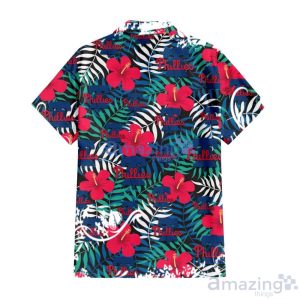 Philadelphia Phillies Red Hibiscus Green Blue White Leaf Black Background 3D Hawaiian Shirt Gift For Fans Product Photo 3