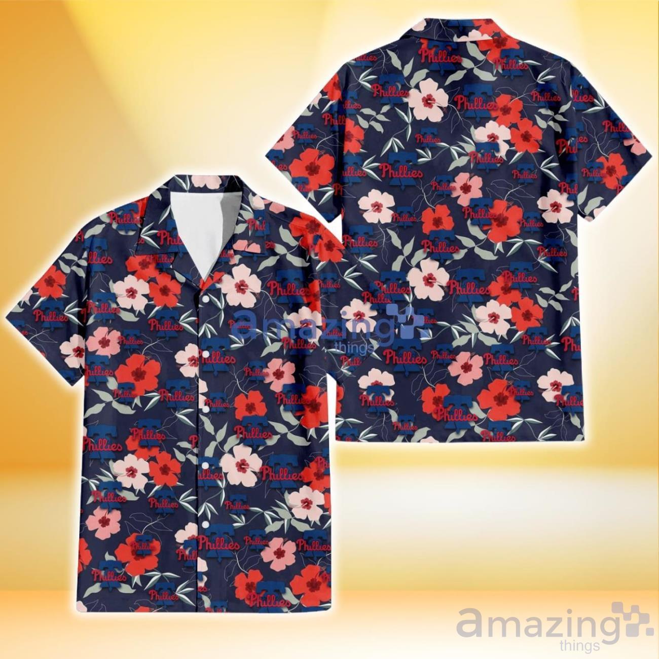 Philadelphia Phillies Blue Hibiscus Blue Coconut Tree Black Background 3D  Hawaiian Shirt Gift For Fans