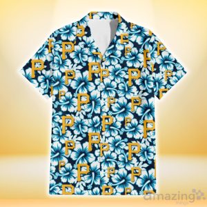 Pittsburgh Pirates Blue Line White Hibiscus Black Background 3D Hawaiian Shirt Gift For Fans Product Photo 2