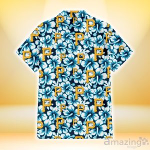 Pittsburgh Pirates Blue Line White Hibiscus Black Background 3D Hawaiian Shirt Gift For Fans Product Photo 3