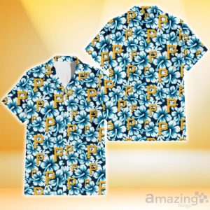 Pittsburgh Pirates Blue Line White Hibiscus Black Background 3D Hawaiian Shirt Gift For Fans Product Photo 1