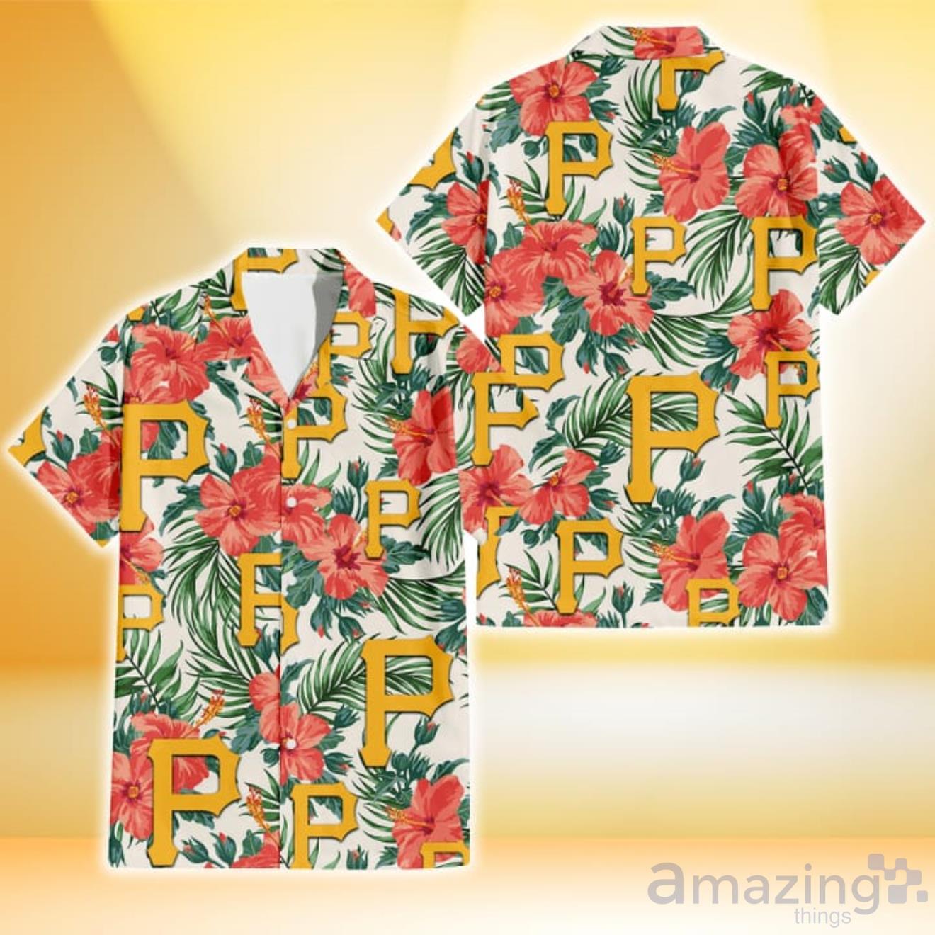 Pittsburgh Pirates Red Hibiscus Green Tropical Leaf Cream Background 3D  Hawaiian Shirt Gift For Fans