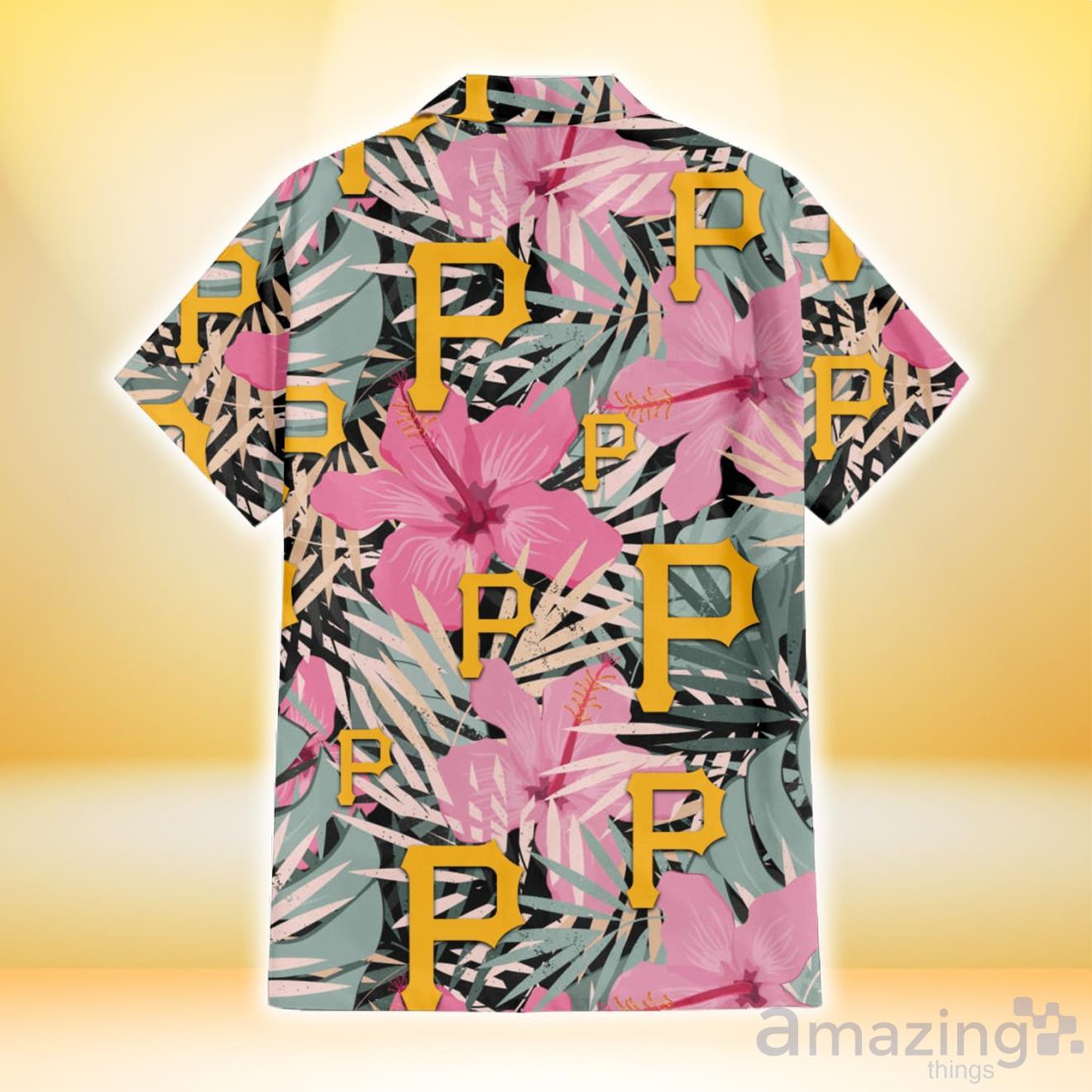 Pittsburgh Pirates Red Hibiscus Green Leaf Dark Background 3D Hawaiian Shirt  Gift For Fans