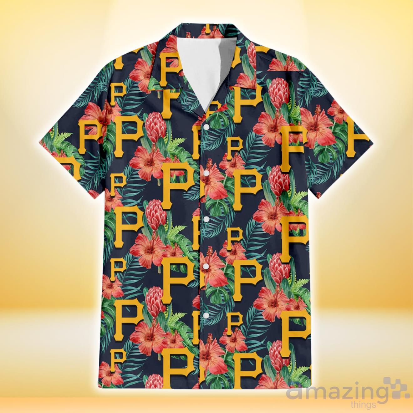 Pittsburgh Pirates Red Hibiscus Green Blue Leaf Yellow Background 3D  Hawaiian Shirt Gift For Fans