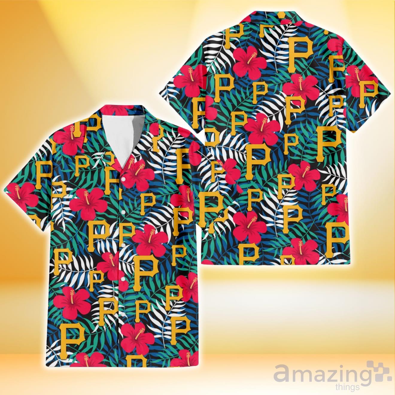 Pittsburgh Pirates Red Hibiscus Green Blue Leaf Yellow Background 3D  Hawaiian Shirt Gift For Fans