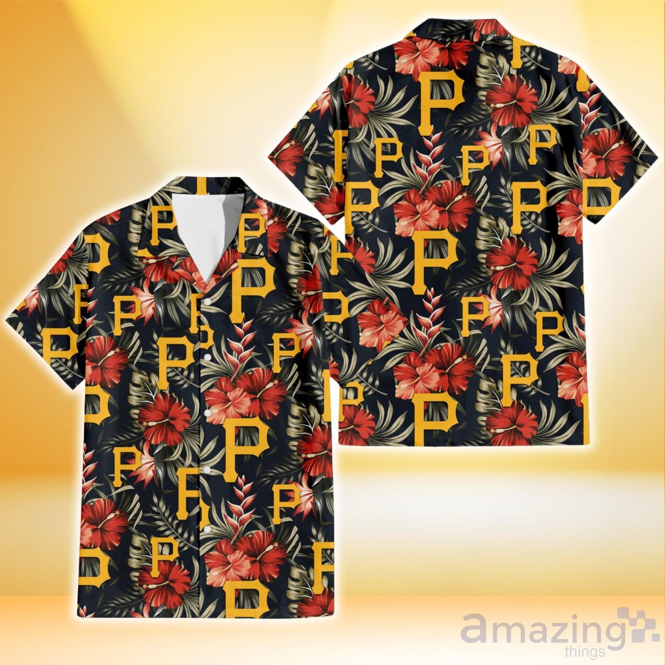 Pittsburgh Pirates Red Hibiscus Green Leaf Dark Background 3D Hawaiian Shirt  Gift For Fans