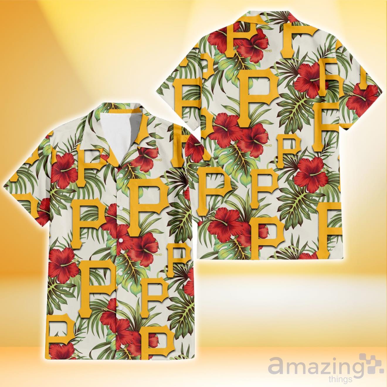 Pittsburgh Pirates Red Hibiscus Green Blue Leaf Yellow Background 3D  Hawaiian Shirt Gift For Fans