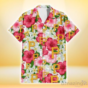 Pittsburgh Pirates White Porcelain Flower Pink Hibiscus White Background 3D Hawaiian Shirt Gift For Fans Product Photo 2