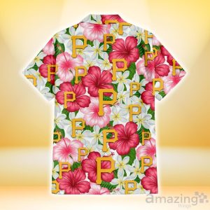 Pittsburgh Pirates White Porcelain Flower Pink Hibiscus White Background 3D Hawaiian Shirt Gift For Fans Product Photo 3