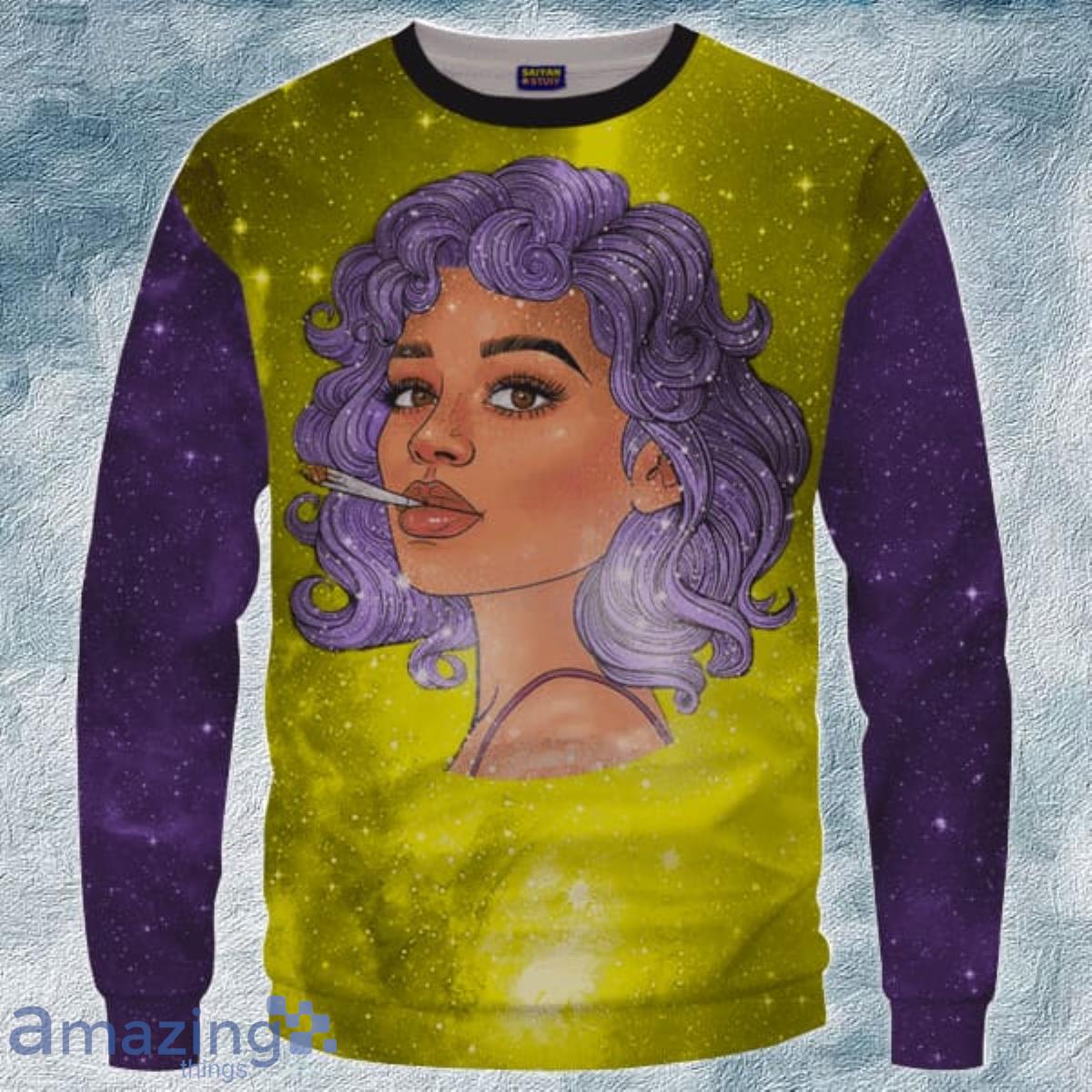 Portrait Smoking Marijuana Joint Purple Gold Galaxy 3D Sweater Product Photo 1