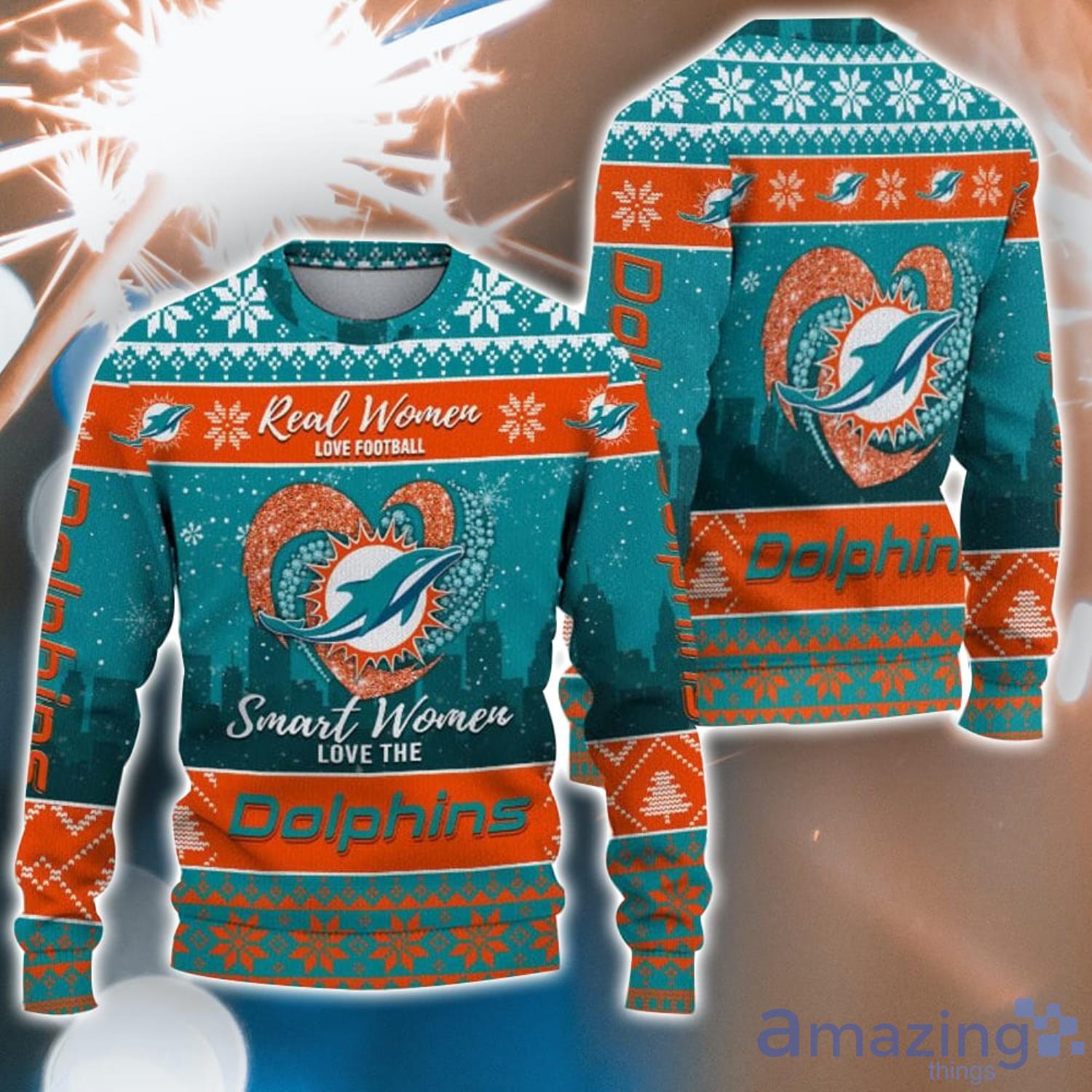 Real Women Love Football Smart Women Love The Miami Dolphins Ugly Christmas Sweater Christmas Gift For Fans Product Photo 1
