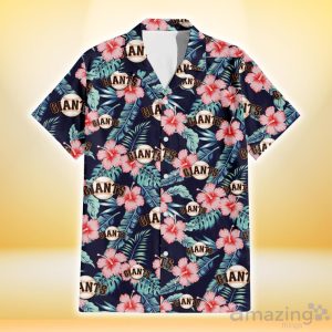 San Francisco Giants Coral Hibiscus Green Banana Leaf Black Background 3D Hawaiian Shirt Gift For Fans Product Photo 2