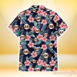 San Francisco Giants Coral Hibiscus Green Banana Leaf Black Background 3D Hawaiian Shirt Gift For Fans Product Photo 3