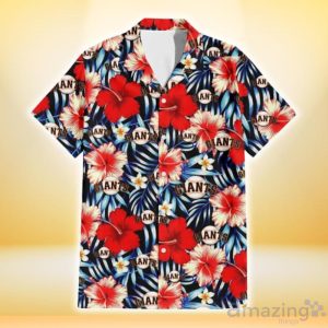 San Francisco Giants Coral Red Hibiscus Blue Palm Leaf Black Background 3D Hawaiian Shirt Gift For Fans Product Photo 2