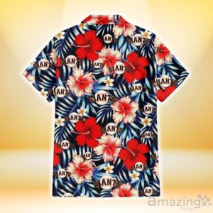 San Francisco Giants Coral Red Hibiscus Blue Palm Leaf Black Background 3D Hawaiian Shirt Gift For Fans Product Photo 3