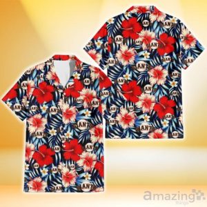 San Francisco Giants Coral Red Hibiscus Blue Palm Leaf Black Background 3D Hawaiian Shirt Gift For Fans Product Photo 1