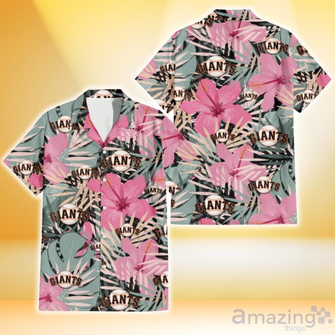 San Francisco Giants Light Pink Hibiscus Pale Green Leaf Black Background  3D Hawaiian Shirt Gift For Fans