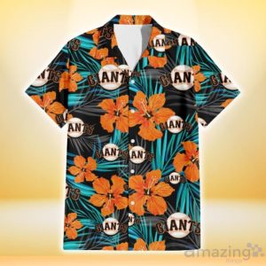 San Francisco Giants Orange Hibiscus Blue Gray Leaf Black Background 3D Hawaiian Shirt Gift For Fans Product Photo 2