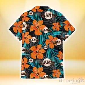San Francisco Giants Orange Hibiscus Blue Gray Leaf Black Background 3D Hawaiian Shirt Gift For Fans Product Photo 3