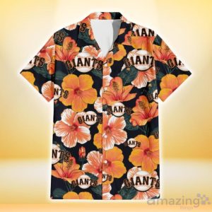 San Francisco Giants Orange Hibiscus Dark Green Leaf Black Background 3D Hawaiian Shirt Gift For Fans Product Photo 2