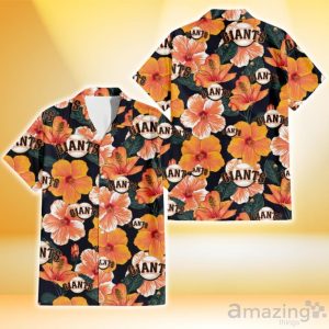 San Francisco Giants Orange Hibiscus Dark Green Leaf Black Background 3D Hawaiian Shirt Gift For Fans Product Photo 1