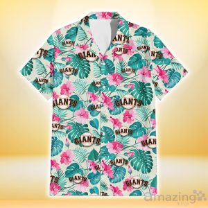 San Francisco Giants Pink Hibiscus Green Leaf Beige Background 3D Hawaiian Shirt Gift For Fans Product Photo 2