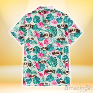 San Francisco Giants Pink Hibiscus Green Leaf Beige Background 3D Hawaiian Shirt Gift For Fans Product Photo 3