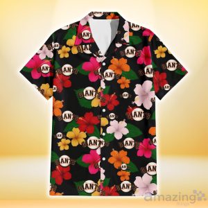 San Francisco Giants Pink Orange Yellow White Hibiscus Black Background 3D Hawaiian Shirt Gift For Fans Product Photo 2
