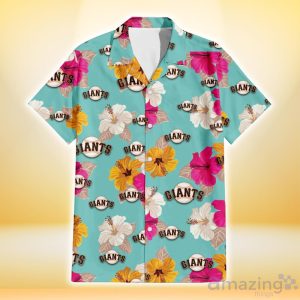 San Francisco Giants Pink Yellow White Hibiscus Turquoise Background 3D Hawaiian Shirt Gift For Fans Product Photo 2