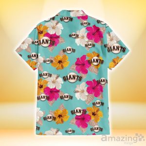 San Francisco Giants Pink Yellow White Hibiscus Turquoise Background 3D Hawaiian Shirt Gift For Fans Product Photo 3
