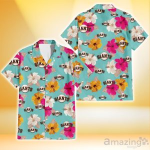 San Francisco Giants Pink Yellow White Hibiscus Turquoise Background 3D Hawaiian Shirt Gift For Fans Product Photo 1