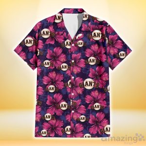 San Francisco Giants Plum Vilolet Hibiscus Dark Navy Leaf Black 3D Hawaiian Shirt Gift For Fans Product Photo 2