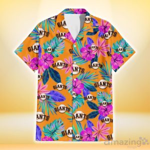 San Francisco Giants Purple Hibiscus Neon Leaf Orange Background 3D Hawaiian Shirt Gift For Fans Product Photo 2