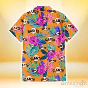 San Francisco Giants Purple Hibiscus Neon Leaf Orange Background 3D Hawaiian Shirt Gift For Fans Product Photo 3