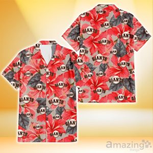 San Francisco Giants Red Hibiscus Gray Leaf Beige Background 3D Hawaiian Shirt Gift For Fans Product Photo 1