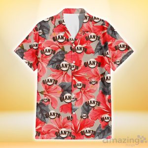San Francisco Giants Red Hibiscus Gray Leaf Gainsboro Background 3D Hawaiian Shirt Gift For Fans Product Photo 2
